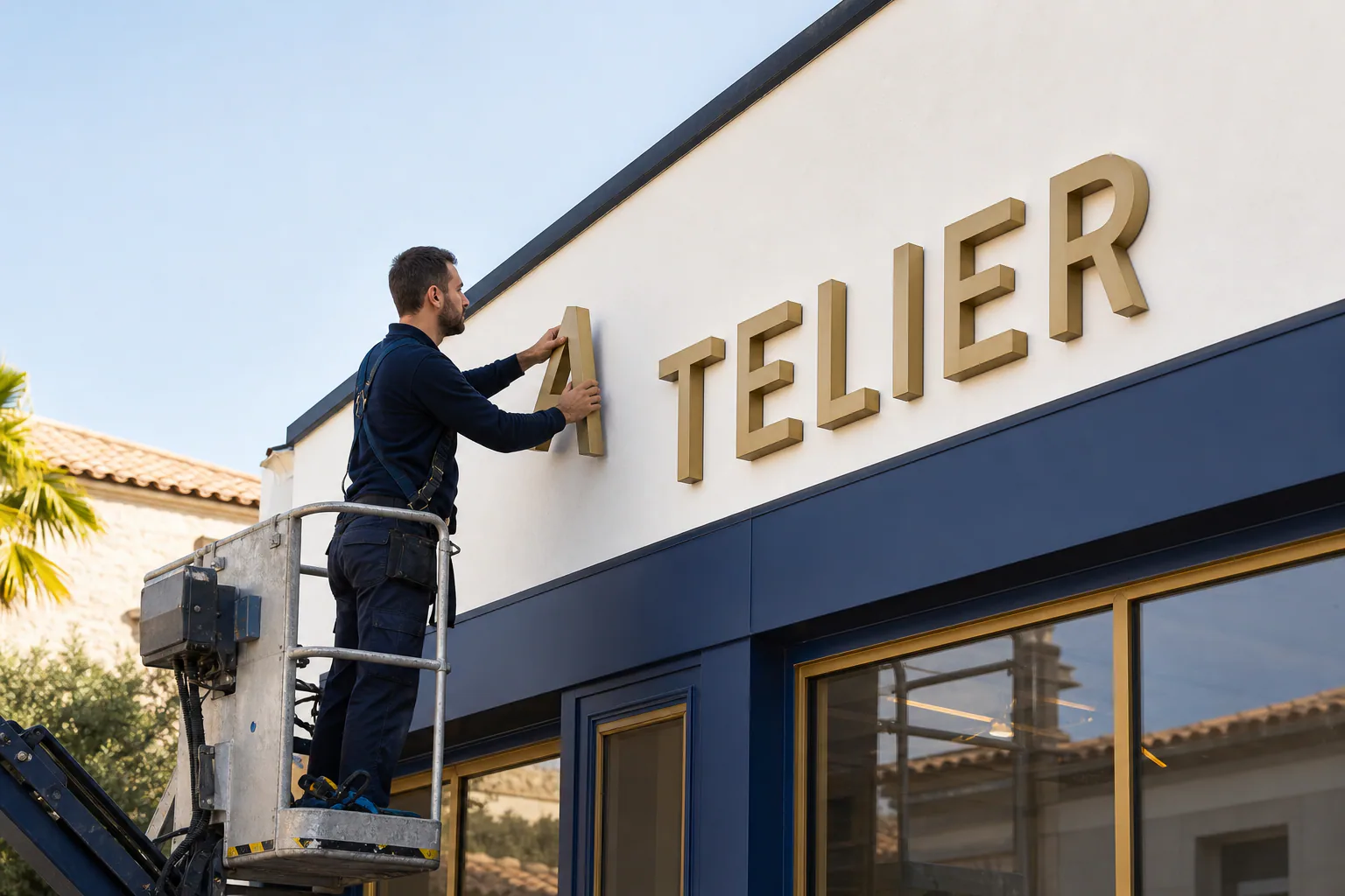 Technicien installant une enseigne